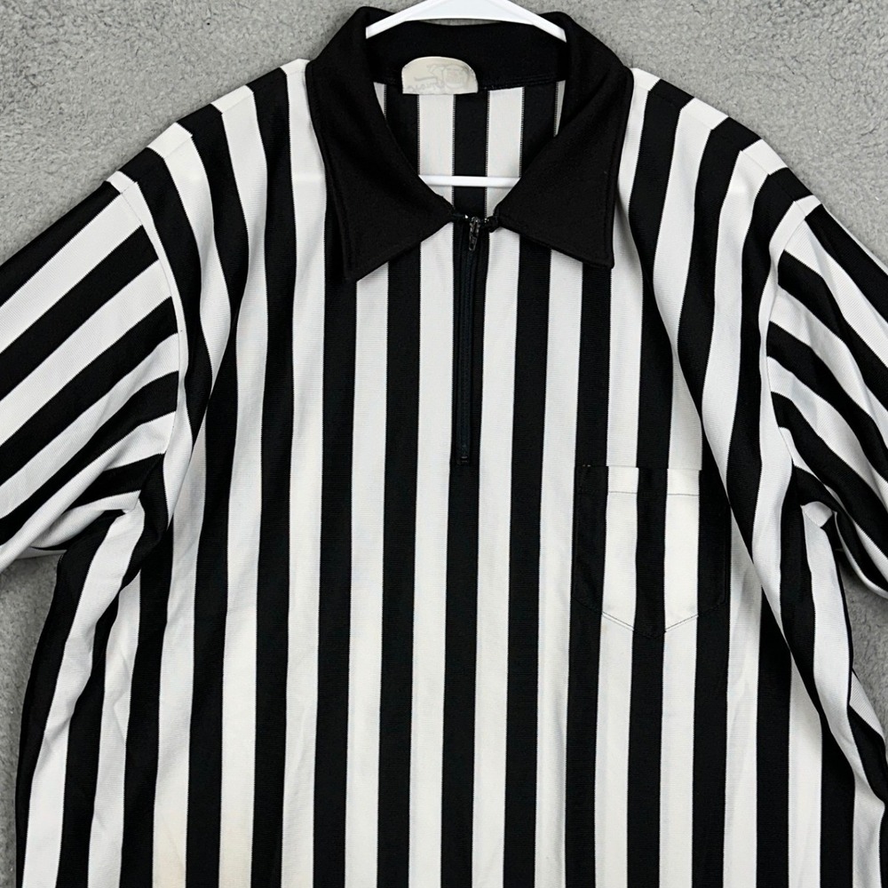 Honigs Whistle Stop Referee Jersey Mens 2XL Black White Striped Quarter Zip EUC